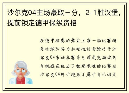 沙尔克04主场豪取三分，2-1胜汉堡，提前锁定德甲保级资格